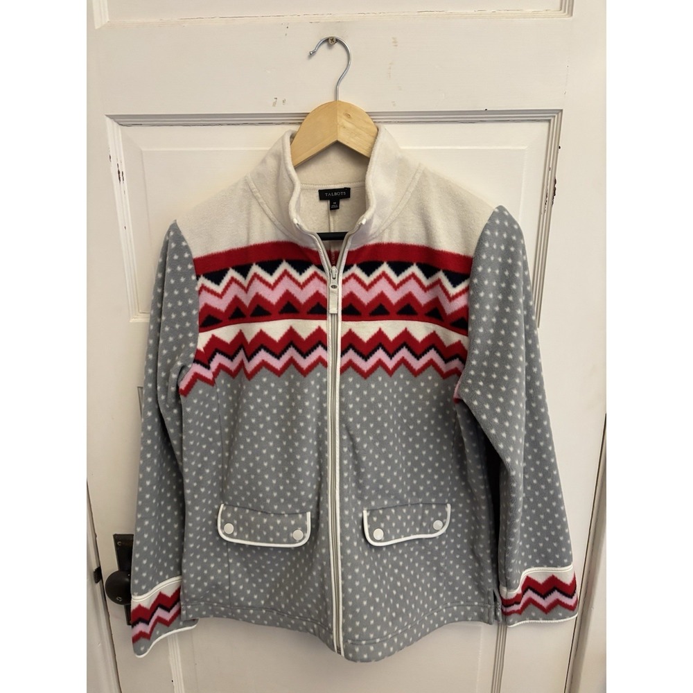Talbots Women's Gray Fleece Jacket Colorful Fair Isle‎ Pattern Full Zip Size M